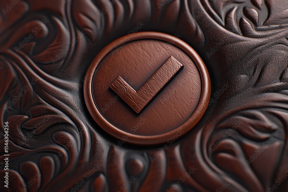 A close-up of an embossed leather surface featuring a circular brown checkmark symbol, surrounded by intricate floral patterns.