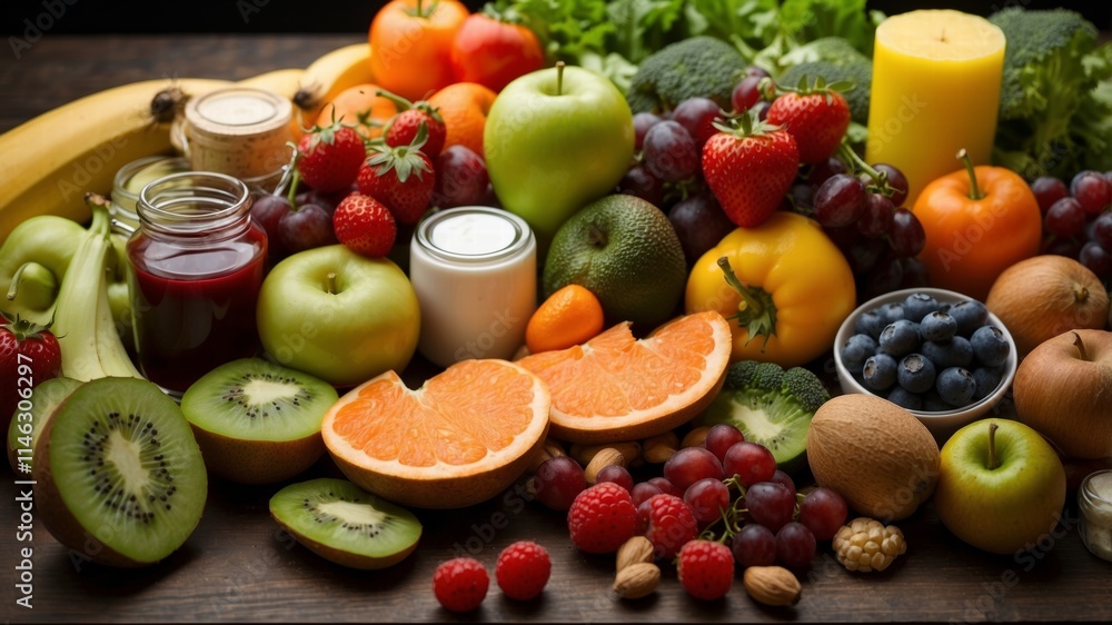 Many different healthy food on white table Many different healthy food on white table