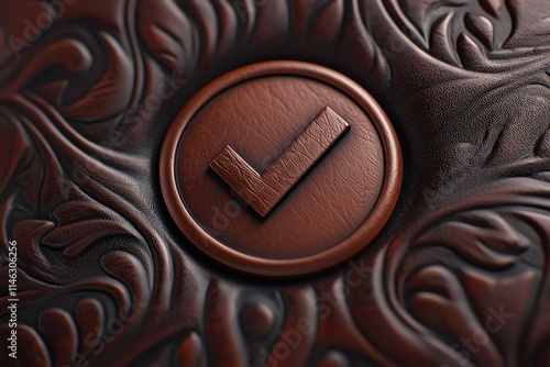 Obraz na płótnie A close-up of an embossed leather surface featuring a circular brown checkmark symbol, surrounded by intricate floral patterns. w salonie