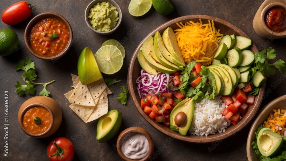 Mexican food table scene. Top down view on a dark stone banner background. Tacos, burrito plate, nachos, enchiladas, tortilla soup and salad Mexican food table scene. Top down view on a dark stone banner background. Tacos, burrito plate, nachos, enchiladas, tortilla soup and salad