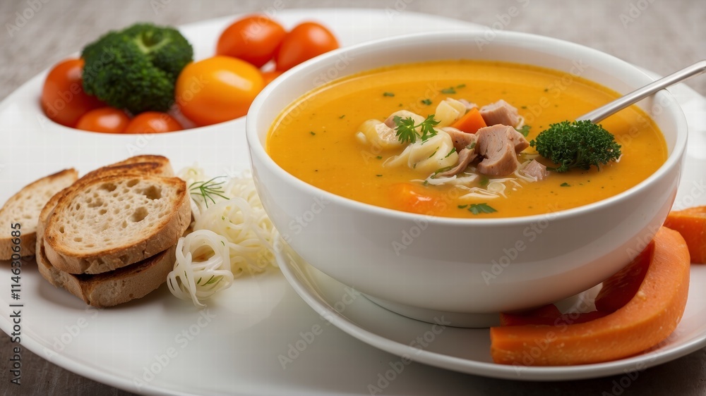 Pumpkin and carrot soup with cream on grey stone background. Close up. side view Pumpkin and carrot soup with cream on grey stone background. Close up. side view