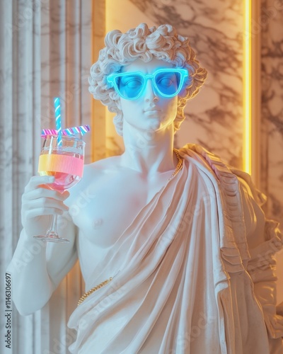 Greek statue of Dionysus wearing neon blue glasses and holding a colorful cocktail, modern festive concept with vibrant lighting

