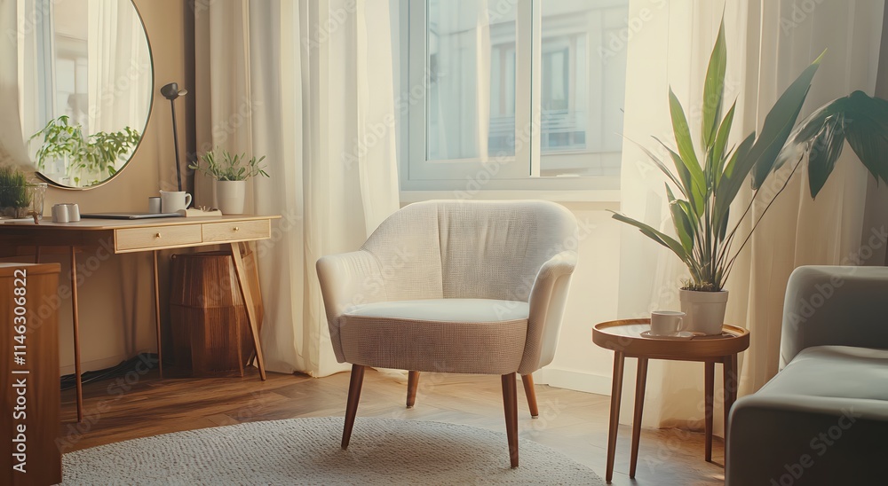 A modern living room features a comfortable soft, fluffy wooden chair and a wooden coffee table next to it. The soft sunlight falls on the chair, creating a cozy and warm atmosphere. A modern living room features a comfortable soft, fluffy wooden chair and a wooden coffee table next to it. The soft sunlight falls on the chair, creating a cozy and warm atmosphere.