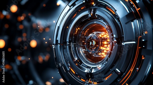 Close-up 3D render of futuristic mechanical eye with bokeh lights in dark space. AI Generated