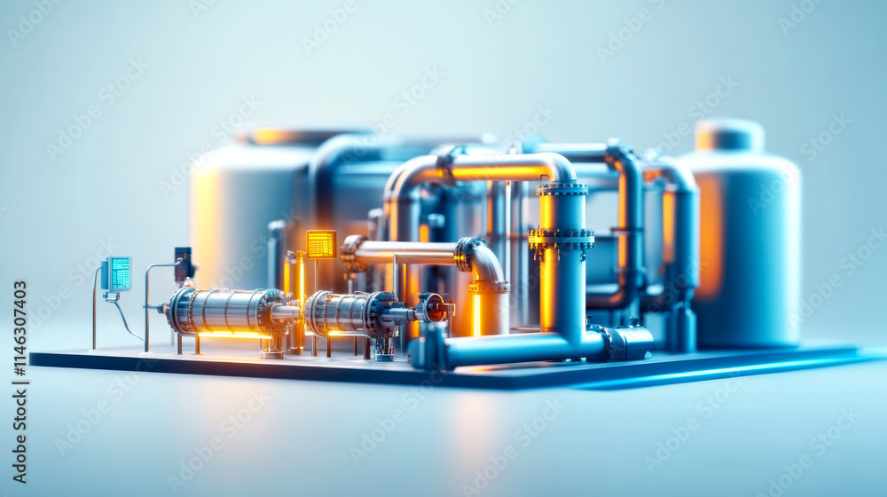 A detailed representation of an industrial facility with interconnected pipes, tanks, and glowing elements, showcasing advanced engineering and technology. A detailed representation of an industrial facility with interconnected pipes, tanks, and glowing elements, showcasing advanced engineering and technology.
