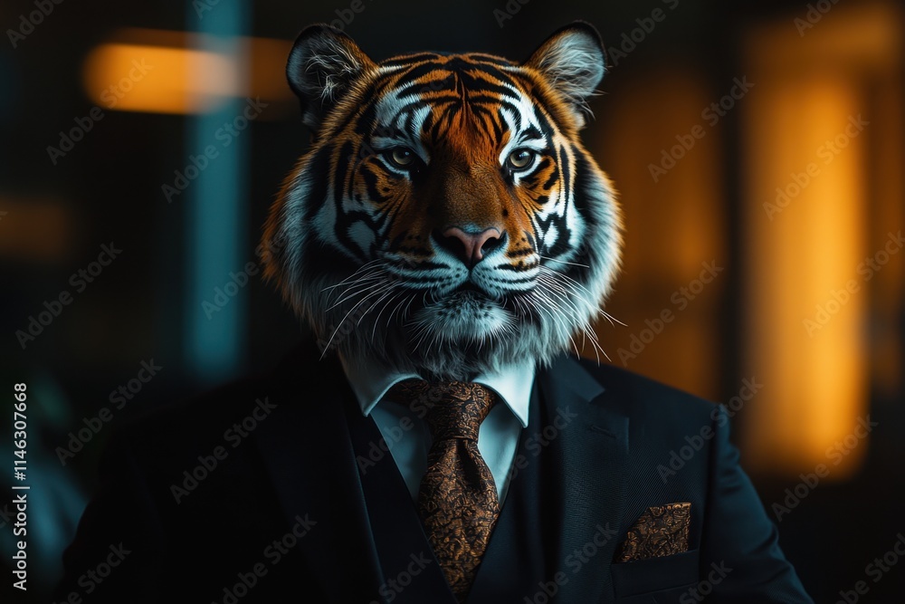 Majestic tiger in black suit and subtle tie, confident stance in sleek modern office with soft side lighting