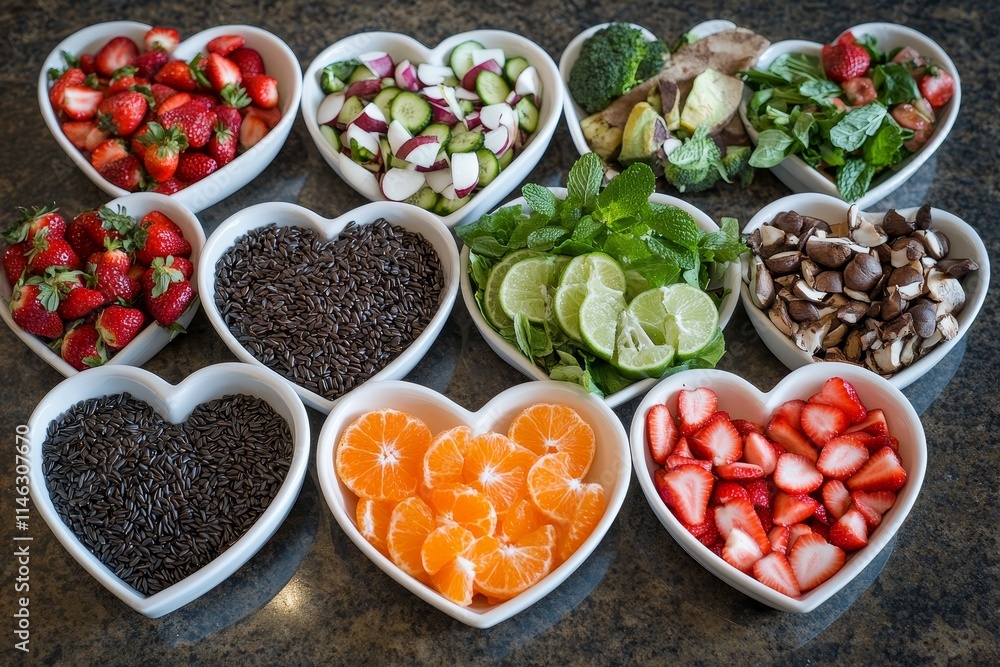 Assorted healthy food ingredients in heart-shaped bowls. Assorted healthy food ingredients in heart-shaped bowls.