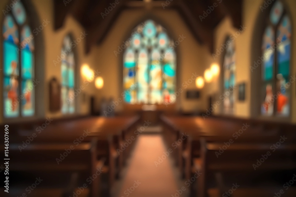 Fototapeta premium Blurred interior of a small, intimate church with wooden pews, large stained glass windows