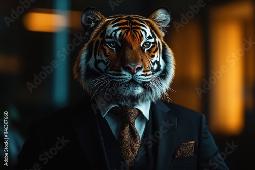 Obraz na płótnie Majestic tiger in black suit and subtle tie, confident stance in sleek modern office with soft side lighting
w salonie