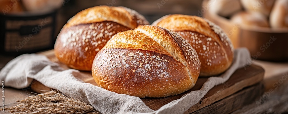 Crusty homemade bread rolls resting on rustic wooden board