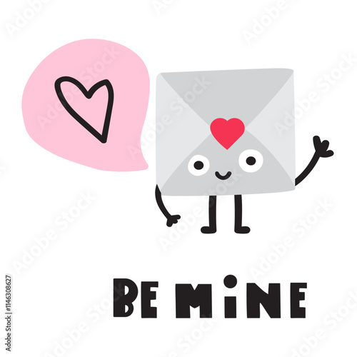 sweet envelope with a loving message. Design for Valentine's Day. Hand drawn illustration on white background.