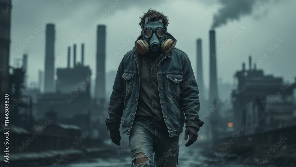 Medium shot of a person wearing a gas mask and denim jacket walking in a polluted industrial area