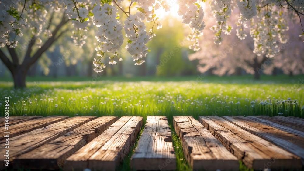 Spring table set against a blurred backdrop of blooming trees and a sunlit garden. Spring table set against a blurred backdrop of blooming trees and a sunlit garden.