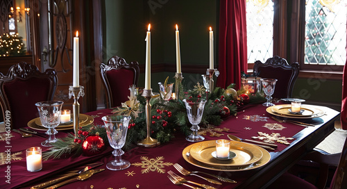 A beautifully set Christmas dining table in a grand room, featuring a rich burgundy tablecloth with golden snowflake patterns, clear glass candle holders with glowing white candles,