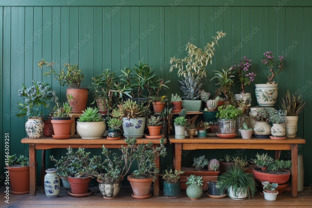 Diverse potted plants displayed on wooden benches against a green wall. Diverse potted plants displayed on wooden benches against a green wall.