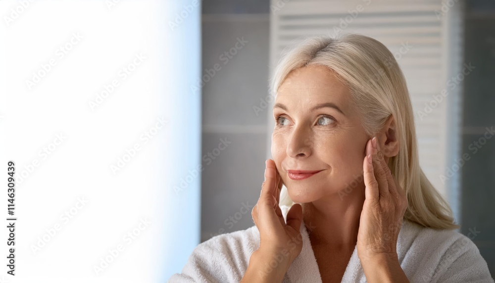 gorgeous mid age adult 50 years old blonde woman standing in bathroom after shower touching face, looking at reflection in mirror doing morning beauty routine gorgeous mid age adult 50 years old blonde woman standing in bathroom after shower touching face, looking at reflection in mirror doing morning beauty routine