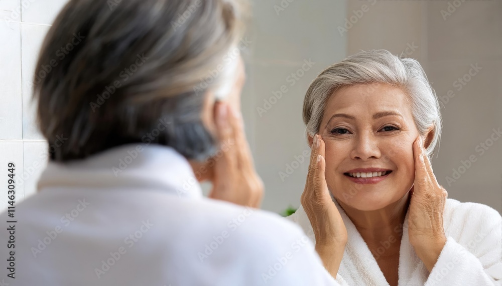 Obraz premium gorgeous mid age adult 50 years old blonde woman standing in bathroom after shower touching face, looking at reflection in mirror doing morning beauty routine 