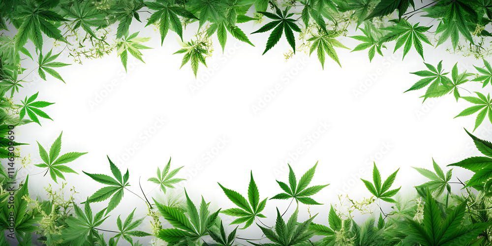 Dense green cannabis leaves set against a white wallpaper border, emphasizing texture and natural design. Dense green cannabis leaves set against a white wallpaper border, emphasizing texture and natural design.