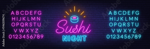 Sushi Night neon sign on brick wall background.