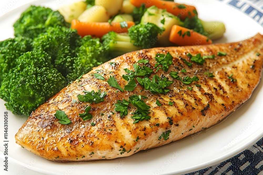 Grilled fish fillet with broccoli and carrots. Grilled fish fillet with broccoli and carrots.