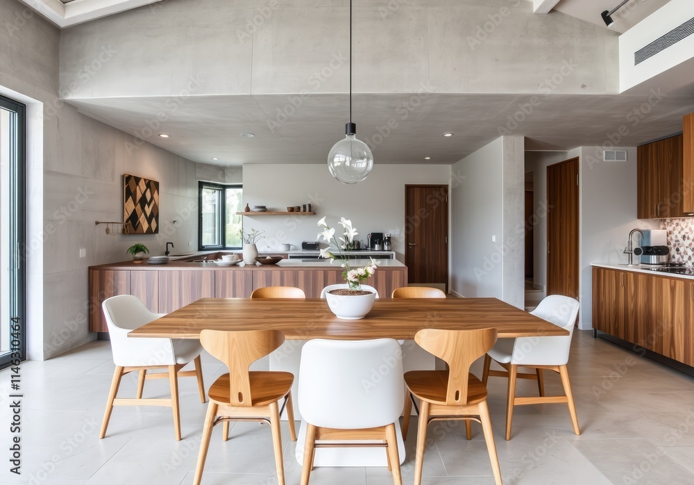 Interior of modern dining room, dining table and wooden chairs in room with concrete wall. Home design Interior of modern dining room, dining table and wooden chairs in room with concrete wall. Home design
