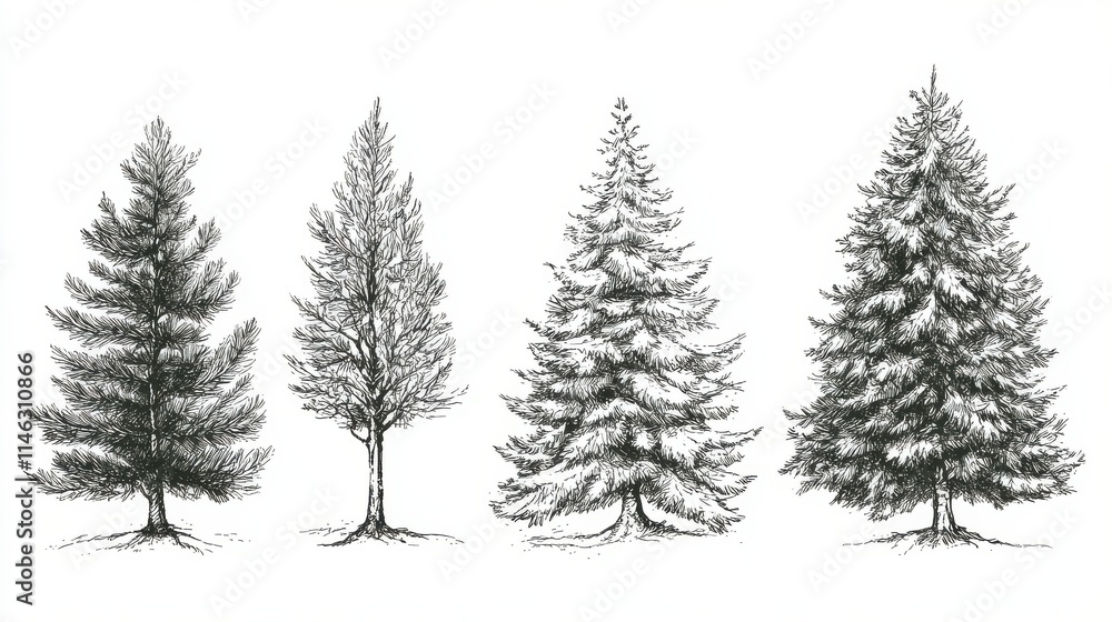 Sketch fir tree. Christmas trees scribble pen drawn holiday decoration. Vintage doodle graphic isolated collection Sketch fir tree. Christmas trees scribble pen drawn holiday decoration. Vintage doodle graphic isolated collection