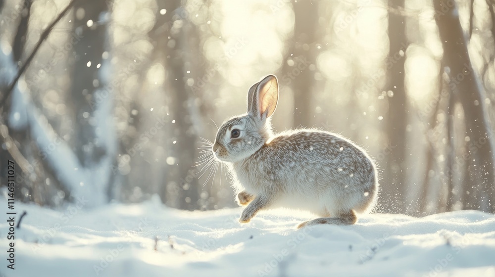 A Grey Rabbit Hopping Through Snowy Winter Woods A Grey Rabbit Hopping Through Snowy Winter Woods