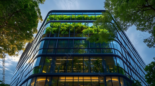 Sustainble green building Ecofriendly building in modern city Sustainable glass office building with tree for reducing carbon dioxide Office with green environment Corporate building r : Generative AI photo