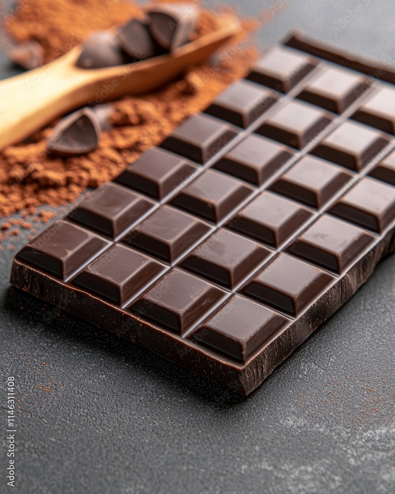 Delicious Dark Chocolate Bar with Cocoa Powder and Chocolate Chunks Delicious Dark Chocolate Bar with Cocoa Powder and Chocolate Chunks
