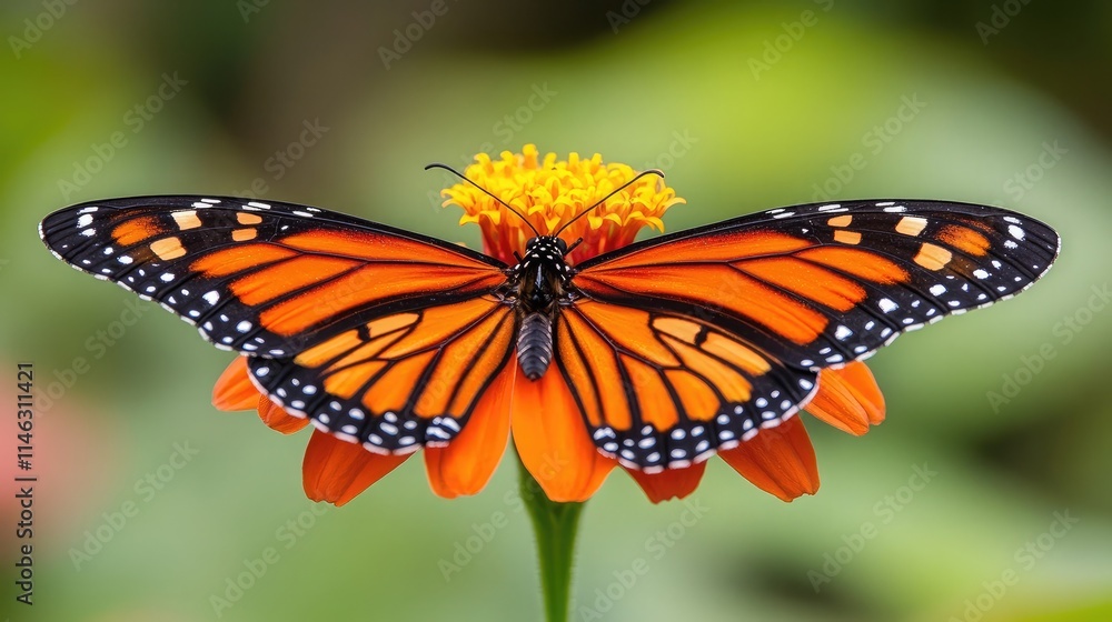 Fototapeta premium Vibrant Monarch Butterfly Nestled on a Bright Flower Petal, Capturing Nature's Beauty and Complexity in a Stunning Close-Up Image Showcasing Colors and Patterns