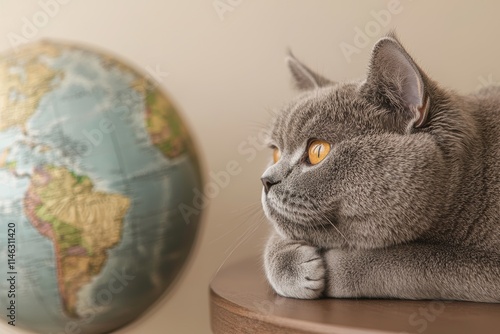 Curious British Shorthair Cat Observing a Globe with Intense Amber Eyes photo