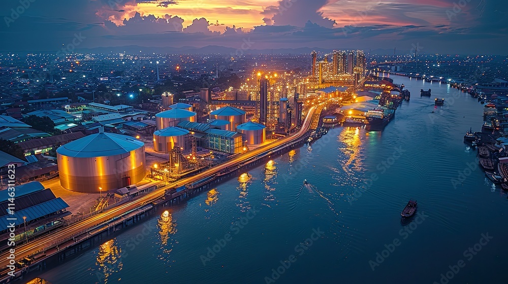 Fototapeta premium Aerial view of a vibrant industrial area by the river at sunset.