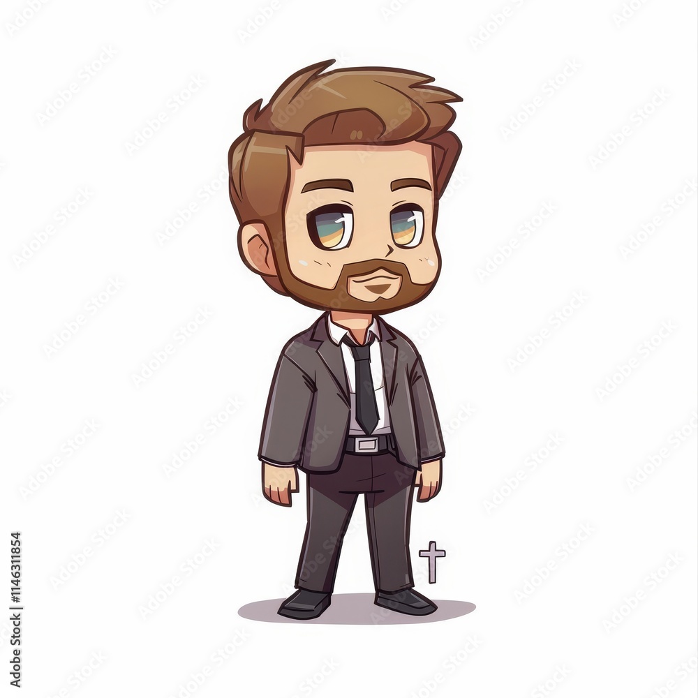 A cartoon illustration of a man in a suit with a beard and a cross on the ground. A cartoon illustration of a man in a suit with a beard and a cross on the ground.