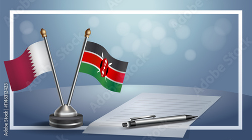 Qatar and Kenya National flags on small table with bokeh background, cooperative relationship