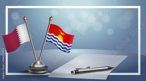 Qatar and Kiribati National flags on small table with bokeh background, cooperative relationship
