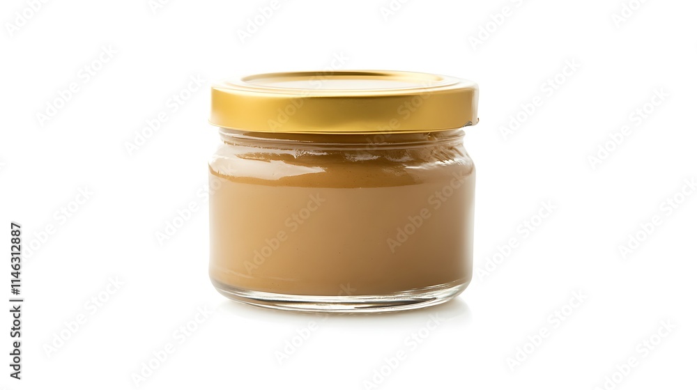 A gold-capped jar, angled slightly, showcases a creamy, brown filling, likely a food item. A gold-capped jar, angled slightly, showcases a creamy, brown filling, likely a food item.