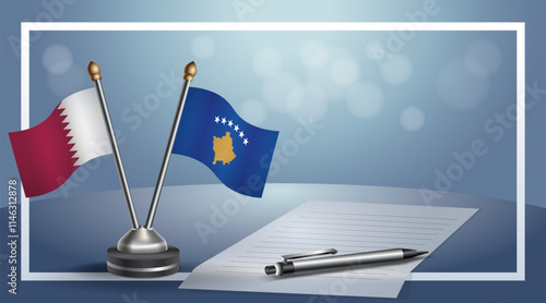 Qatar and Kosovo National flags on small table with bokeh background, cooperative relationship