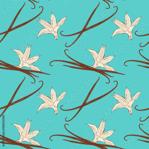 Pattern with aromatic spices Vanilla, flowers and vanilla sticks on bright blue background.