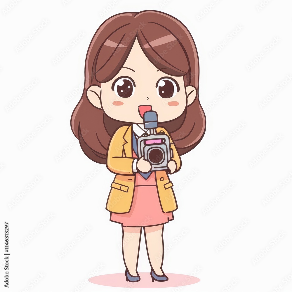 Cartoon illustration of a cute woman holding a microphone and a camera. Cartoon illustration of a cute woman holding a microphone and a camera.