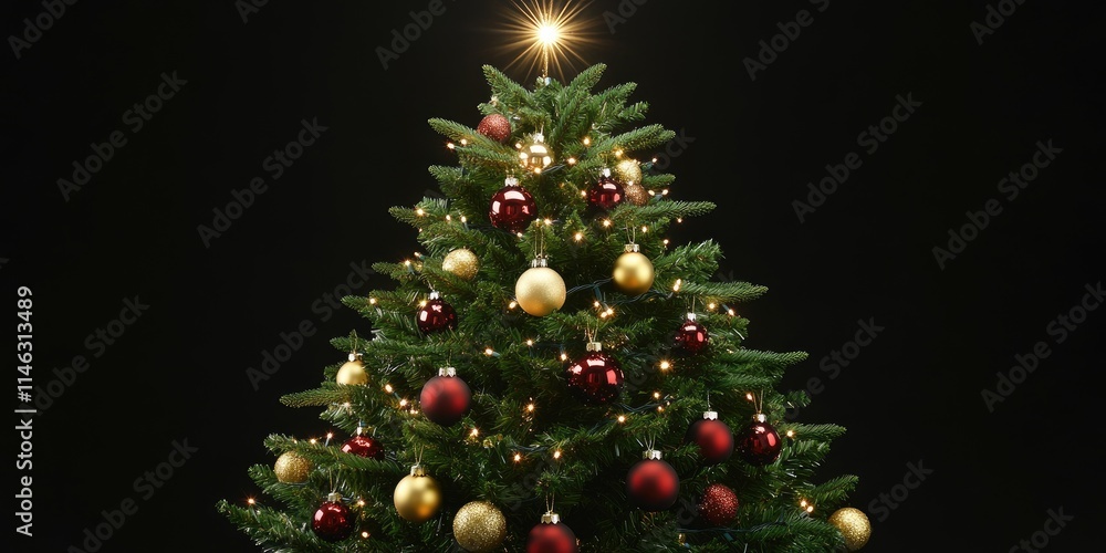 A beautifully decorated Christmas tree with ornaments and a star on top, set against a dark background. A beautifully decorated Christmas tree with ornaments and a star on top, set against a dark background.