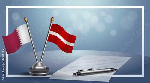 Qatar and Latvia National flags on small table with bokeh background, cooperative relationship