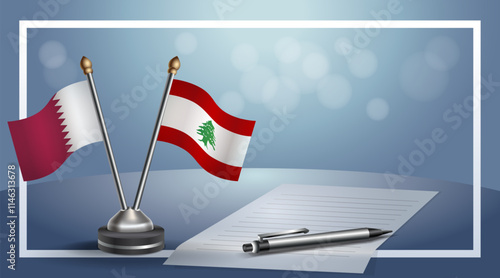 Qatar and Lebanon National flags on small table with bokeh background, cooperative relationship