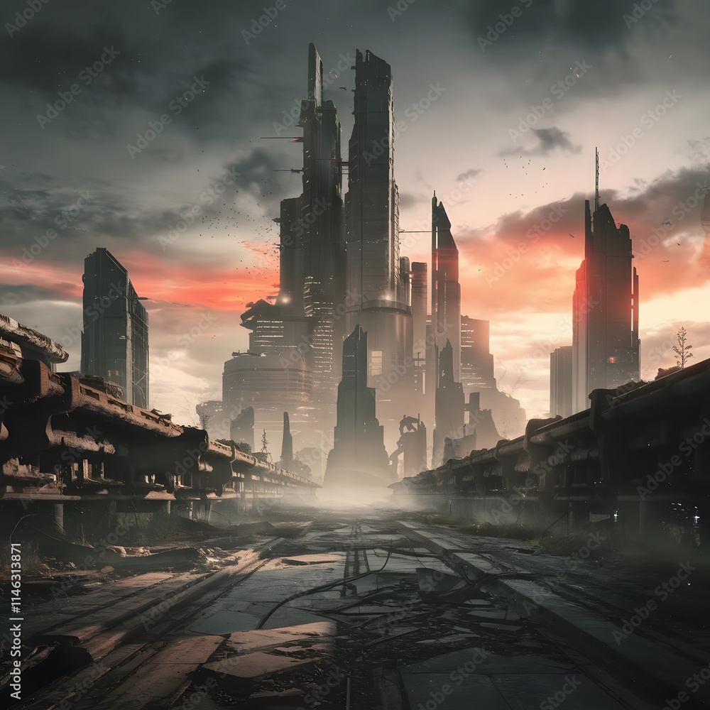 Naklejka premium Dramatic Post-Apocalyptic City: A Vision of Ruin and Resilience