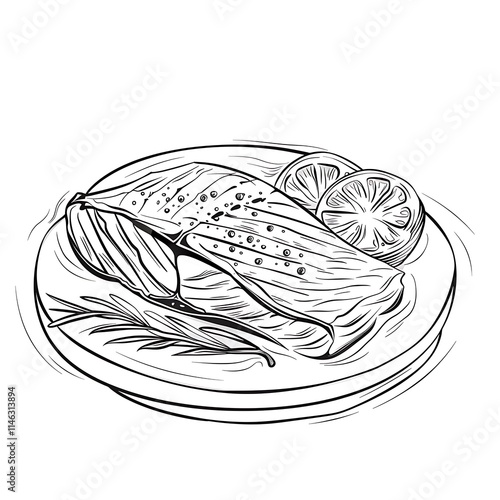 Grilled salmon with lemon slices restaurant kitchen food illustration culinary art close-up gourmet presentation photo