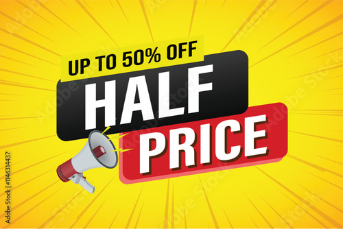 half price sale word mega phone concept vector illustration and 3d style, landing page, template, ui, web, mobile app, poster, banner, flyer, background, gift card, coupon, label, wallpaper

