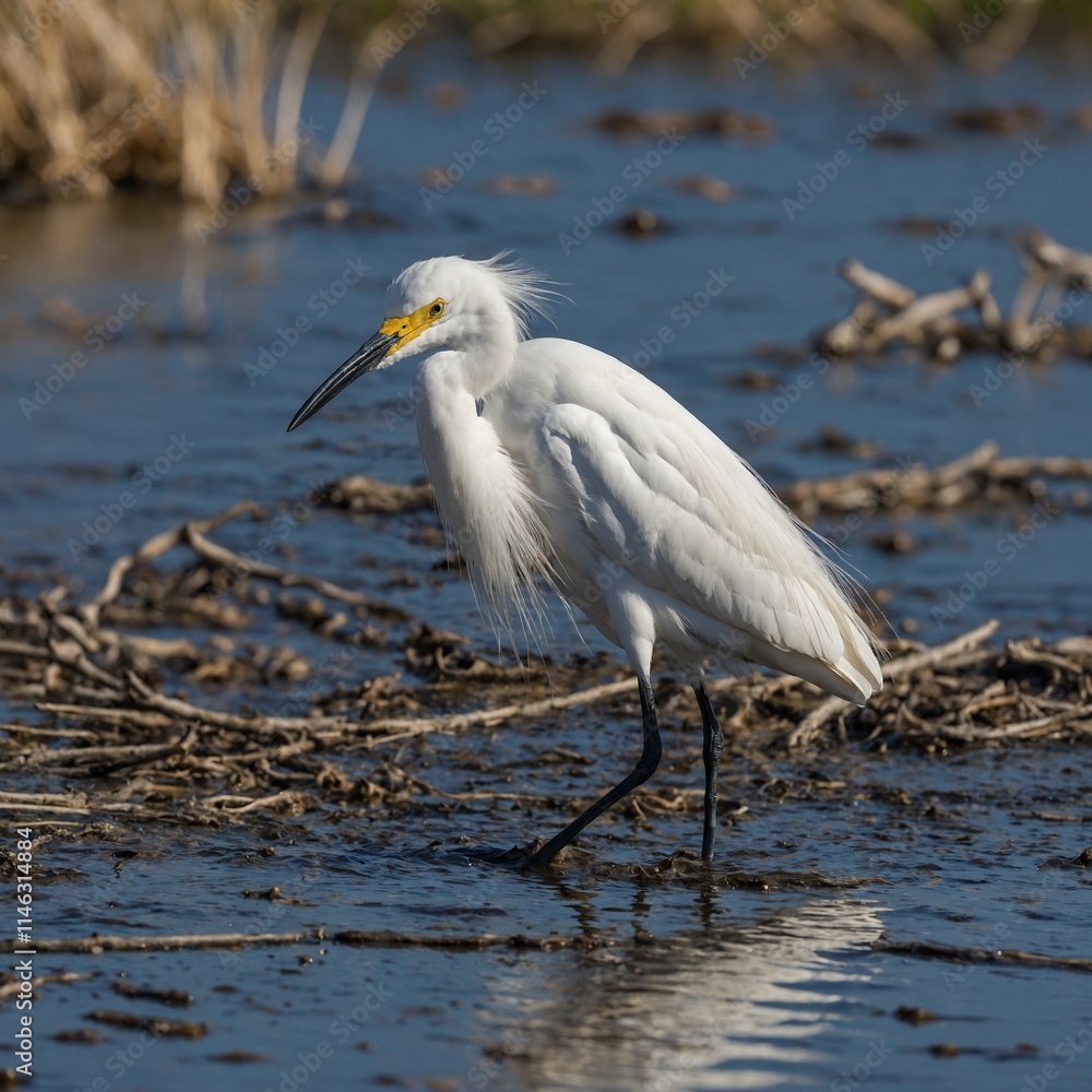 A snowy egret with elegant plumage walking in shallow water.
A snowy egret with elegant plumage walking in shallow water.