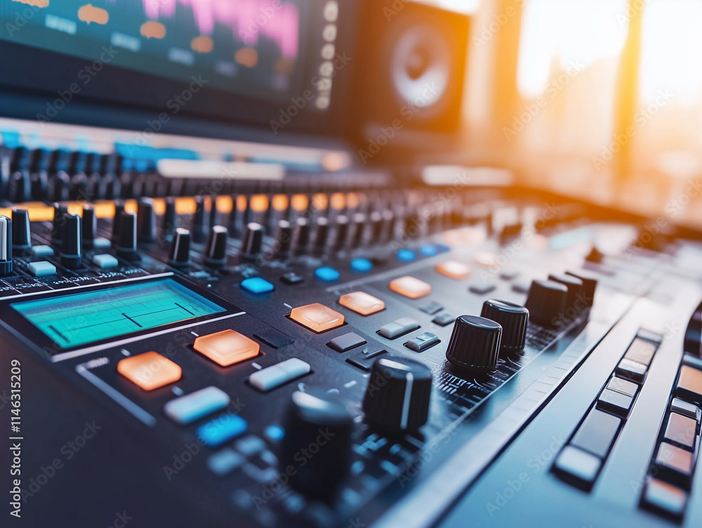 Modern audio mixing console in a bright studio during sunset hours Modern audio mixing console in a bright studio during sunset hours