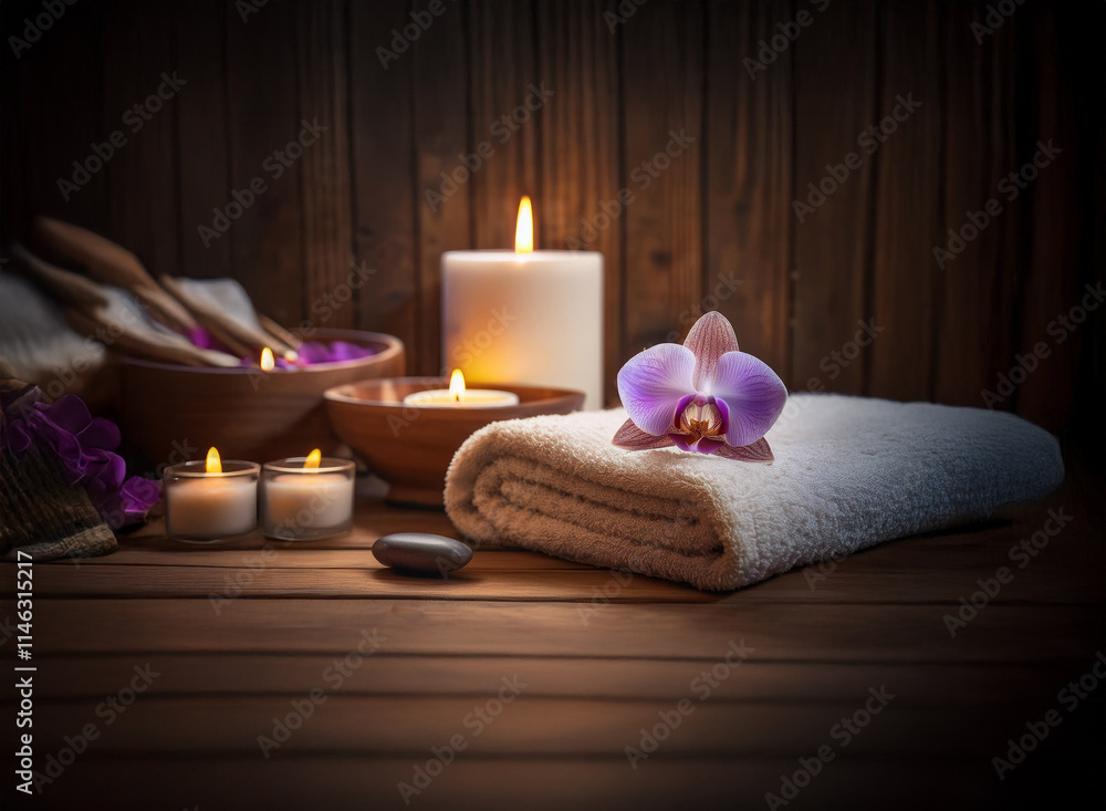 Serene spa setting: Candles illuminate a wooden surface with a folded towel, orchid, bowls, and smooth stones. Relaxation and tranquility are evoked. Serene spa setting: Candles illuminate a wooden surface with a folded towel, orchid, bowls, and smooth stones. Relaxation and tranquility are evoked.
