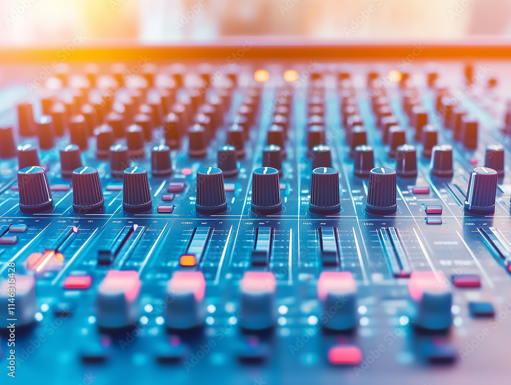 Fototapeta premium Music production equipment showcases sound mixing console in an indoor studio setting during a lively recording session