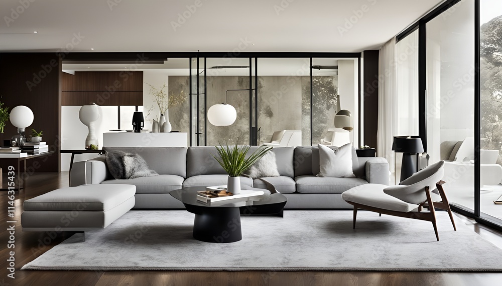 Fototapeta premium Modern design living room with sofa, table, lamps and decoration